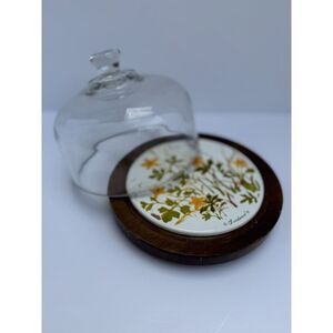 Vintage Goodwood Cheese Dome 70s Retro Floral Ceramic Plate Wood Base Made Japan